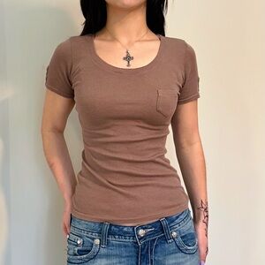 Color Story Ribbed Fitted Baby Tee Brown Pocket Y2K Style